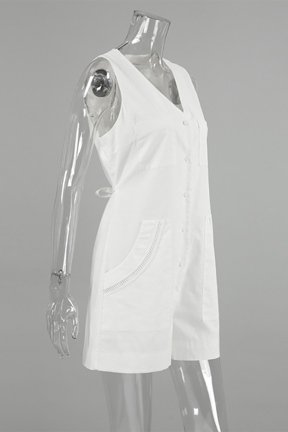 Solid Color Sleeveless V Neck Button Up Pocket Casual Playsuit Romper-White-Hayhty.All Rights Reserved.