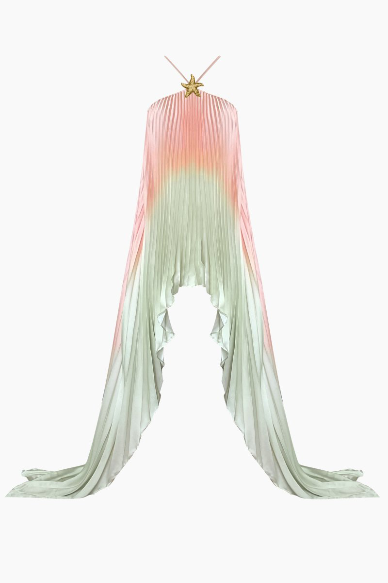 Halter Gradient Color Pleated Irregular Hem Maxi Dresses-Green-Hayhty.All Rights Reserved.
