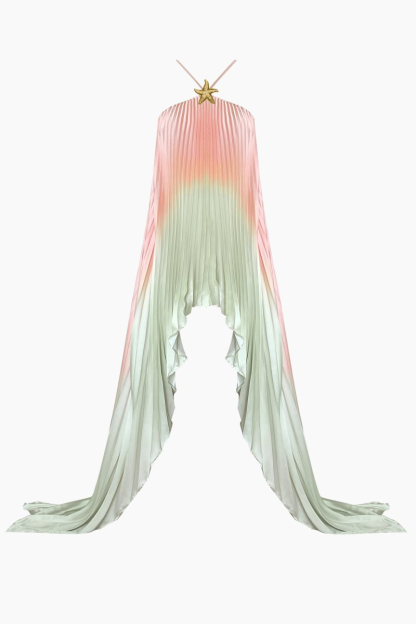 Halter Gradient Color Pleated Irregular Hem Maxi Dresses-Green-Hayhty.All Rights Reserved.