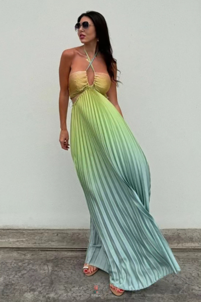 Gradient Color Cross Halter Cutout Backless Pleated Maxi Dresses-Blue-Hayhty.All Rights Reserved.