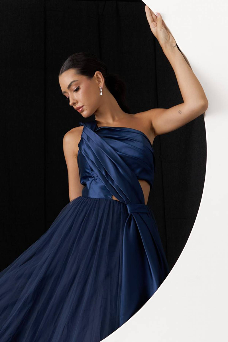 Pleated Cinch Waist Cutout One Shoulder Gowns Maxi Dresses-Blue-Hayhty.All Rights Reserved.