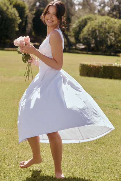 Deep V Neck Cinch Waist Solid Color Midi Tank Dresses-White-Hayhty.All Rights Reserved.