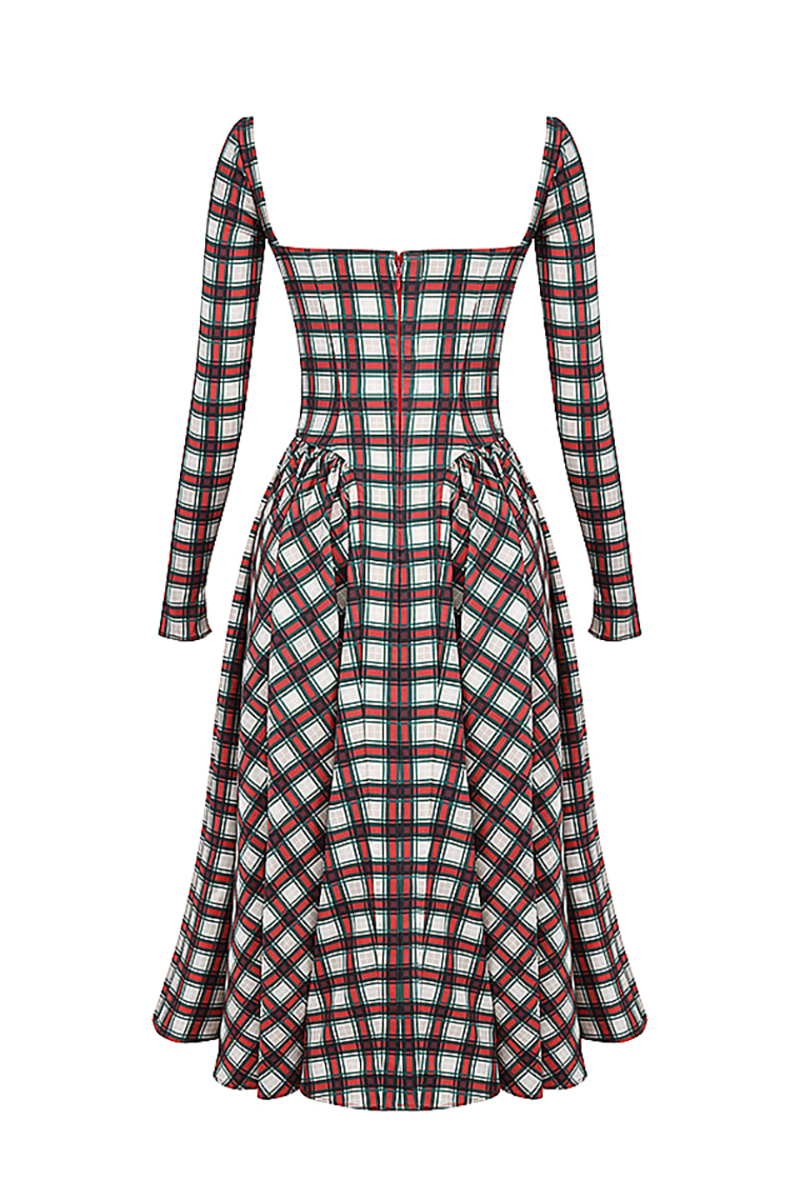 Plaid Pattern Long Sleeve Corset A-Line Pleated Midi Dresses-Red-Hayhty.All Rights Reserved.
