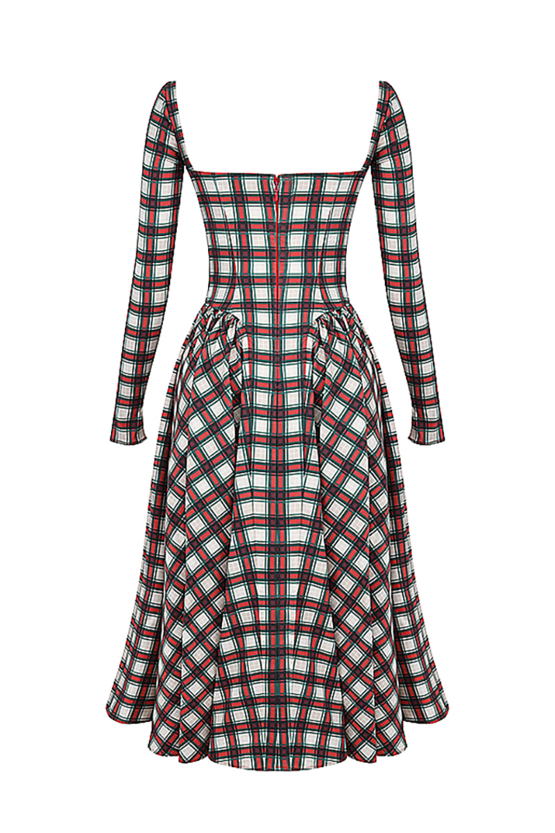 Plaid Pattern Long Sleeve Corset A-Line Pleated Midi Dresses-Red-Hayhty.All Rights Reserved.