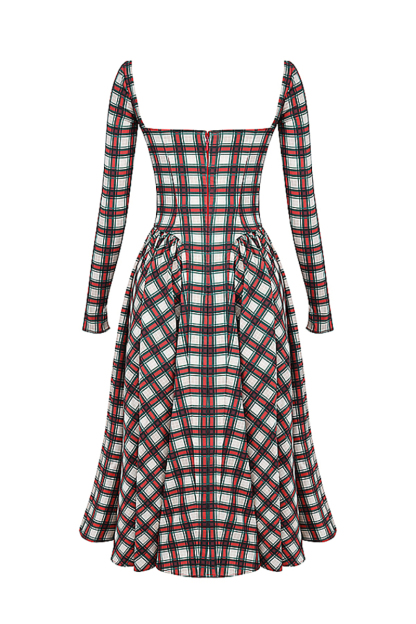 Plaid Pattern Long Sleeve Corset A-Line Pleated Midi Dresses-Red-Hayhty.All Rights Reserved.
