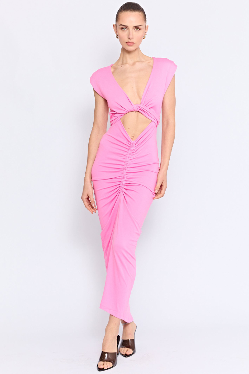 Deep V Neck Twisted Knot Cutout Ruched Maxi Dresses-Pink-Hayhty.All Rights Reserved.
