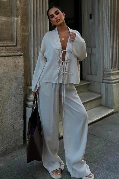 Front Tie Up Long Sleeve Top Solid Color Wide Leg Pants Matching Set-Yellow-Hayhty.All Rights Reserved.