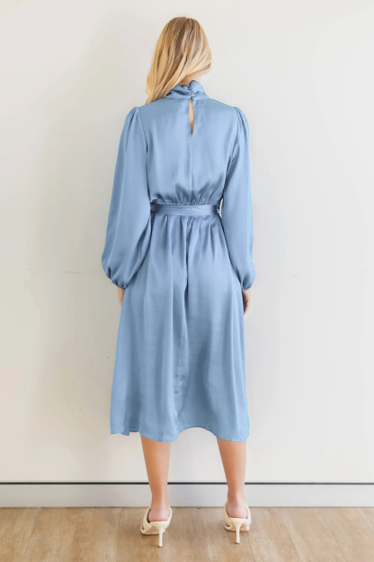 Ruched Knotted Long Sleeve Satin Midi Dresses-Hayhty.All Rights Reserved.