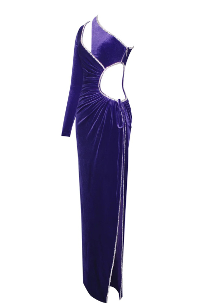 One Shoulder Rhinestone Tied Up Maxi Velvet Prom Dresses-Hayhty.All Rights Reserved.