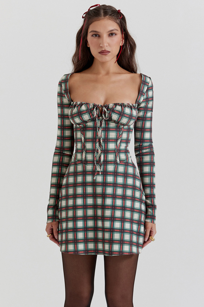 Long Sleeve Square Neck Lace Up Plaid Print Mini Dresses-Red-Hayhty.All Rights Reserved.