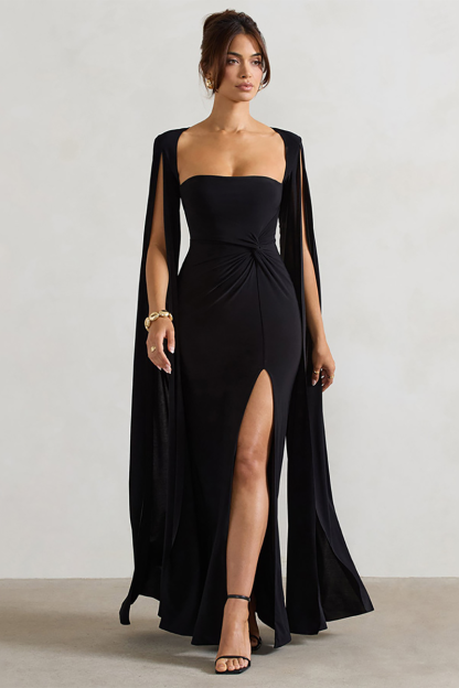Boat Neck Caped Sleeve Ruched Bodycon Slit Gowns Maxi Dresses-Burgundy-Hayhty.All Rights Reserved.