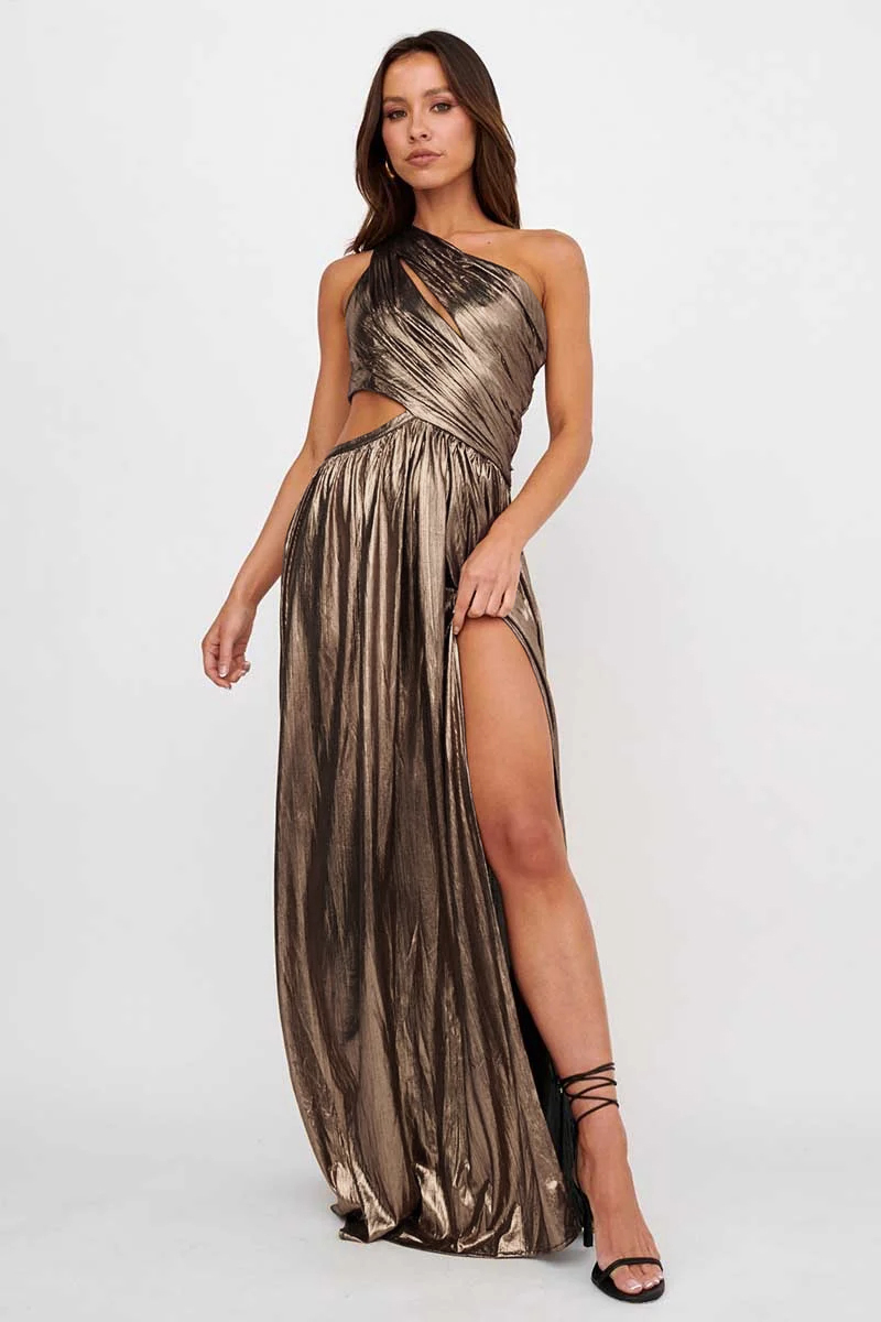 Sheen Metallic Finish One Shoulder Cut Out High Slit Formal Party Maxi Dresses-Hayhty.All Rights Reserved.