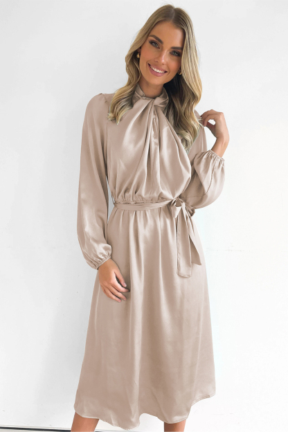 Ruched Knotted Long Sleeve Satin Midi Dresses-Hayhty.All Rights Reserved.