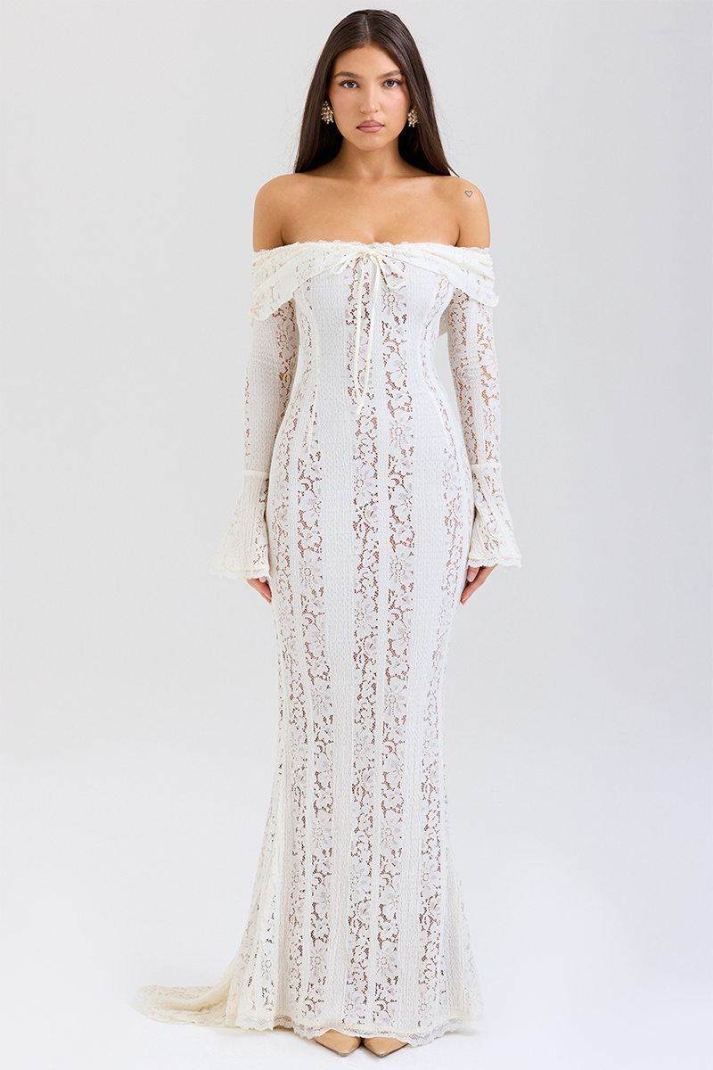 Floral Lace Off Shoulder Flare Sleeve Fishtail Maxi Dresses-White-Hayhty.All Rights Reserved.