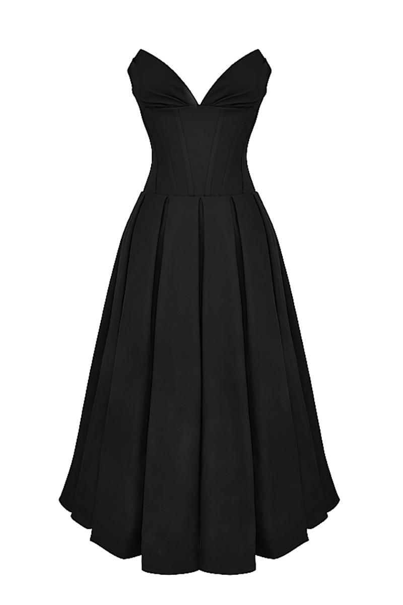 Deep V Neck Strapless Corset A-Line Pleated Midi Dresses-Black-Hayhty.All Rights Reserved.
