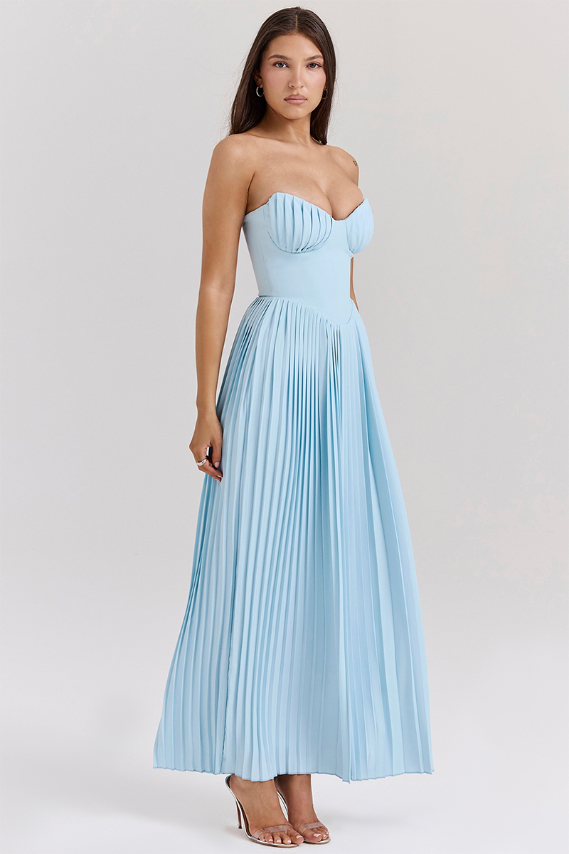Strapless Cinch Waist Pleated Maxi Dresses-Blue-Hayhty.All Rights Reserved.