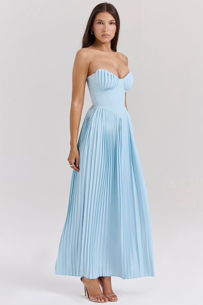 Strapless Cinch Waist Pleated Maxi Dresses-Blue-Hayhty.All Rights Reserved.