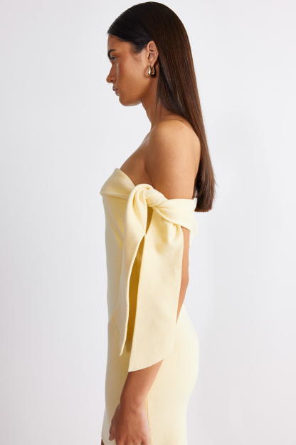 Asymmetrical Tie Up Strapless Bodycon Knit Mini Dresses-Yellow-Hayhty.All Rights Reserved.