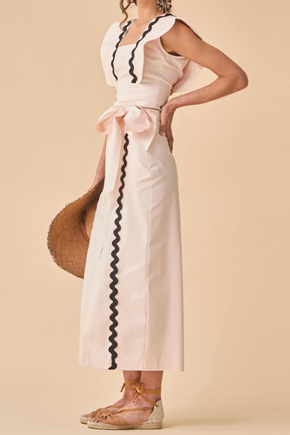 Wavy Trim Flutter Sleeve Tie Up Slim Fit Midi Dresses-Pink-Hayhty.All Rights Reserved.
