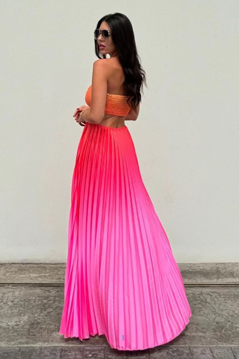 Gradient Color Cross Halter Cutout Backless Pleated Maxi Dresses-Blue-Hayhty.All Rights Reserved.