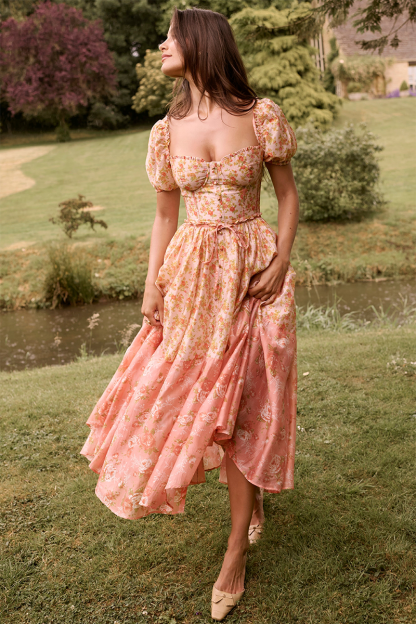 Floral Print Puff Sleeve Cinch Waist Colorblock Midi Dresses-Orange-Hayhty.All Rights Reserved.