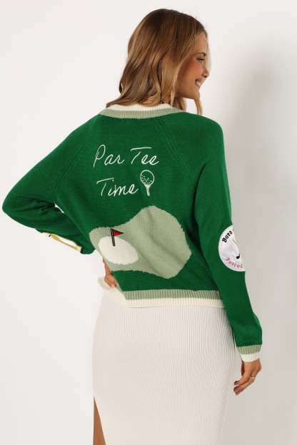 Golf Embroidered Patch Button Front Cardigan - Field Green-Aur Fashion