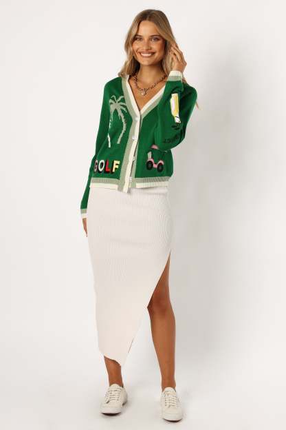 Golf Embroidered Patch Button Front Cardigan - Field Green-Aur Fashion