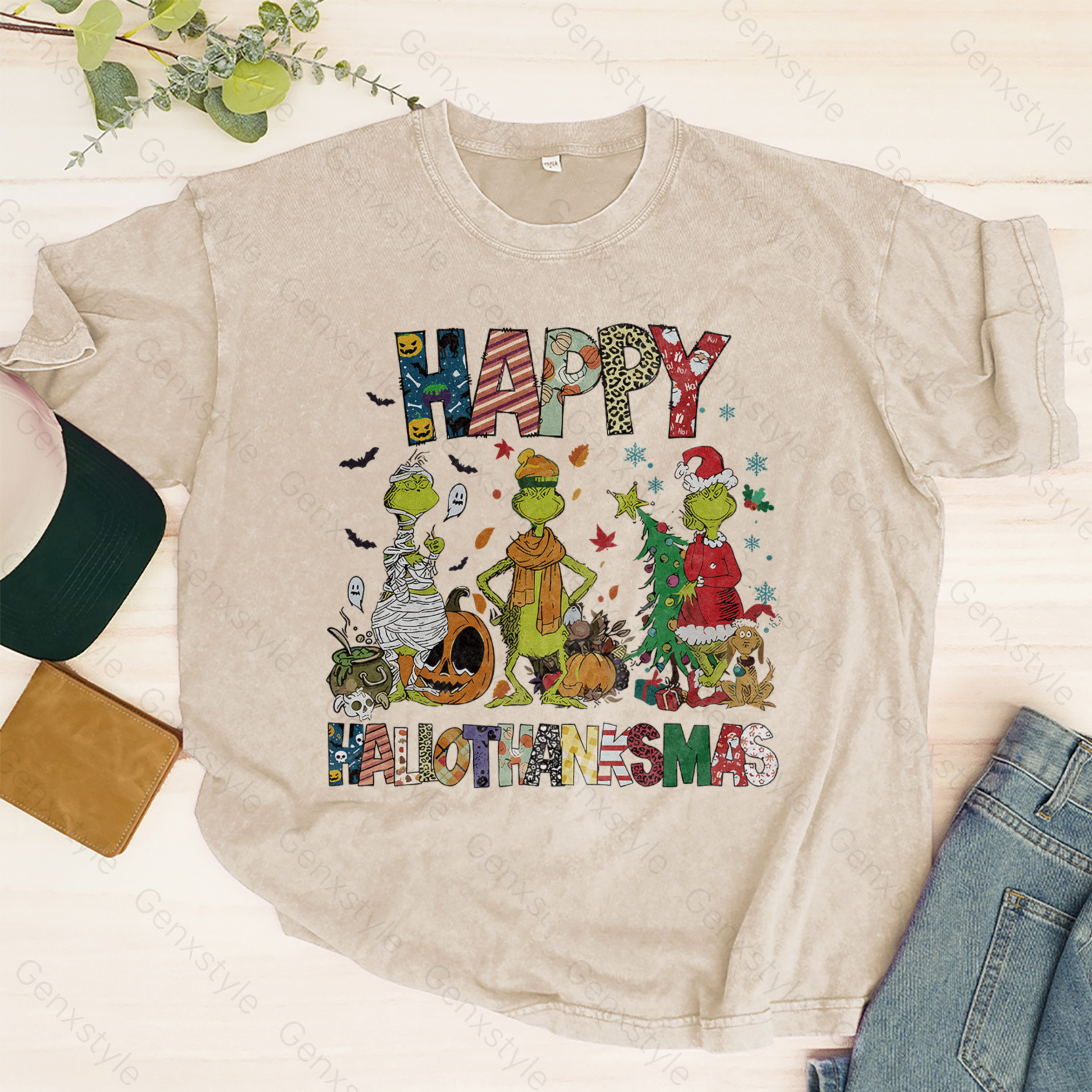 Washed Happy HalloThanksMas Grumbly Green T-shirt