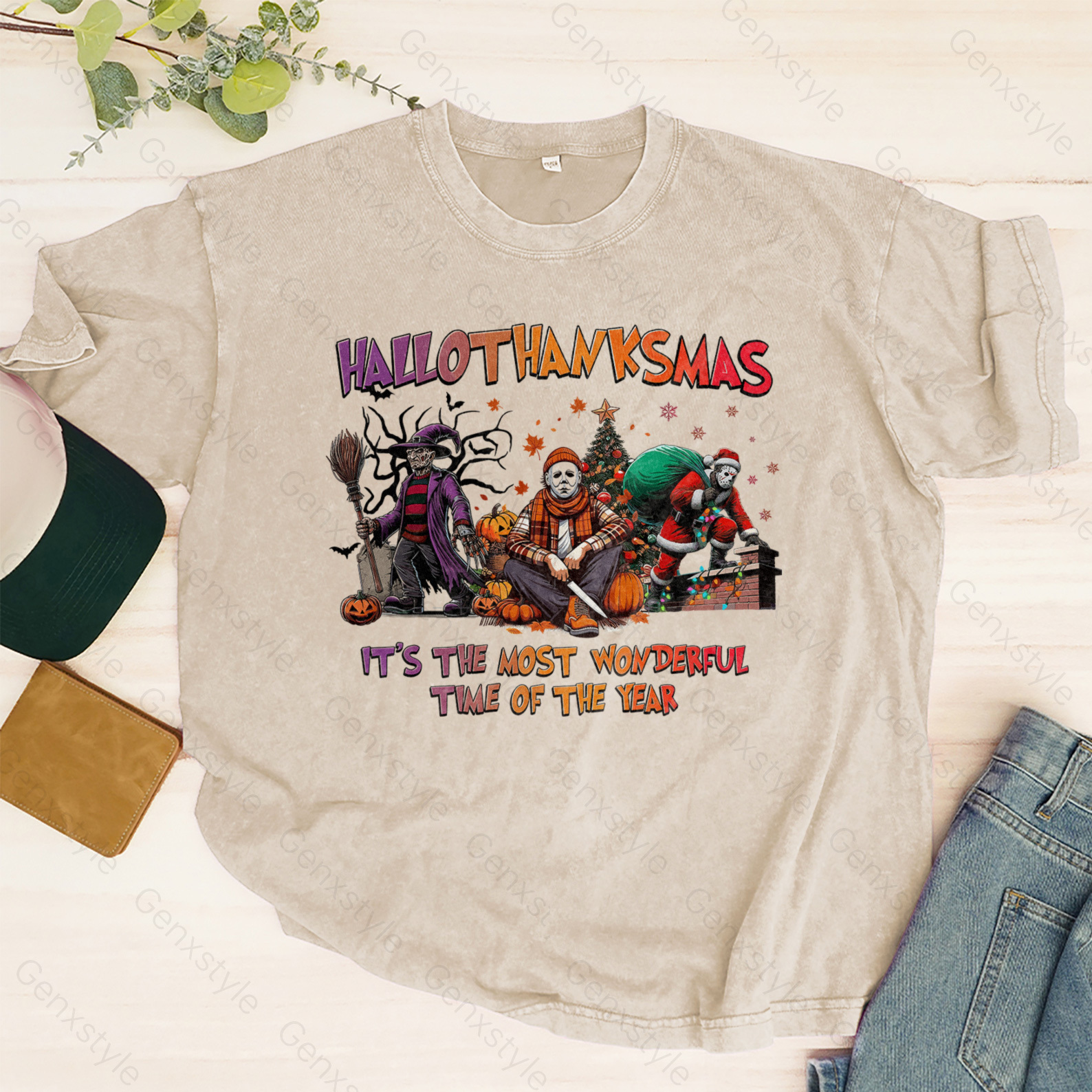 Washed Happy Hallothanksmas Funny Christmas Horror T-shirt