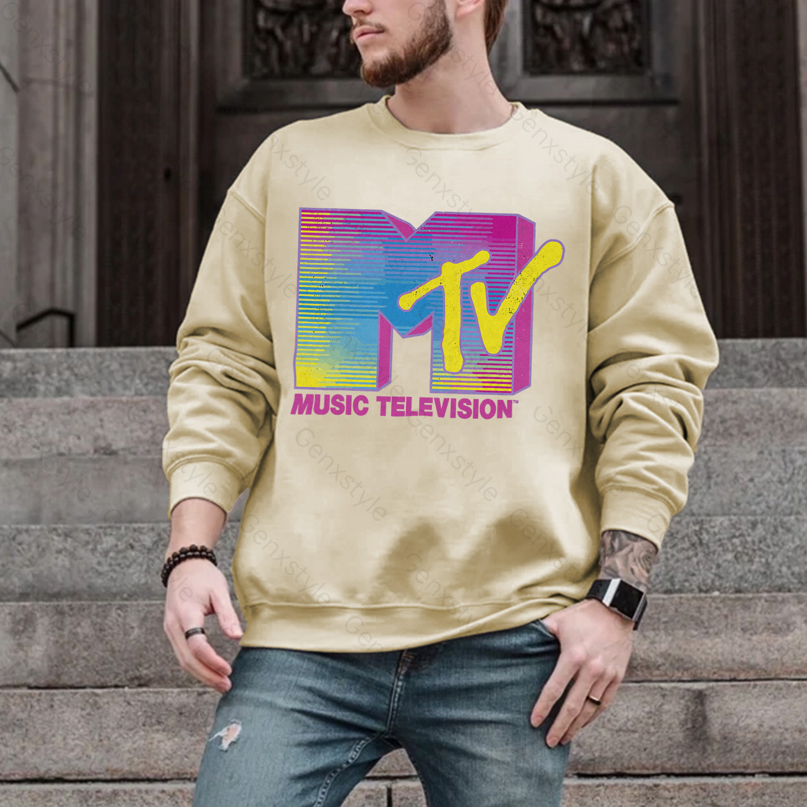 MTV Distressed Fluorescent Gradient Logo Crewneck