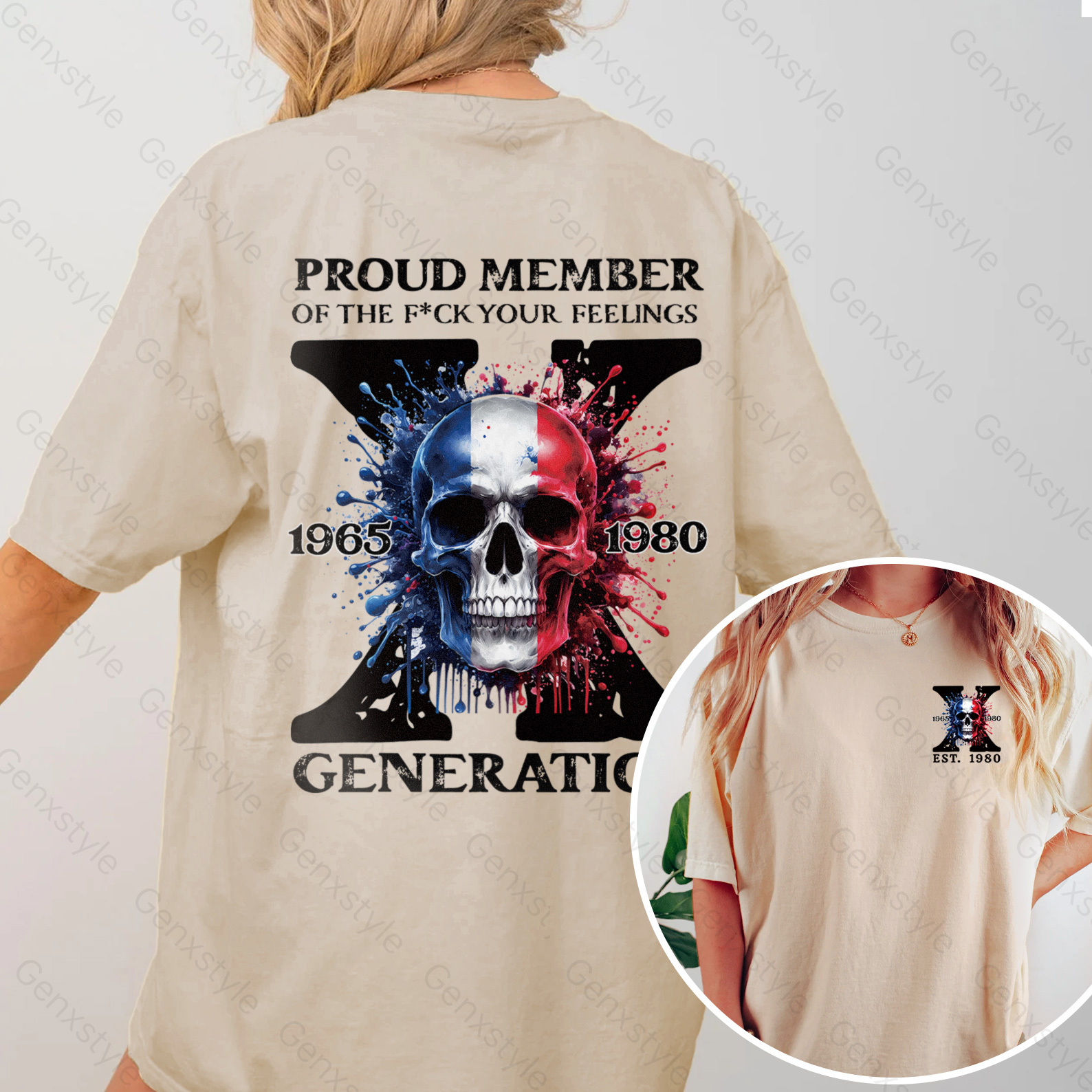 Washed France Funny Skull Generation X T-shirt