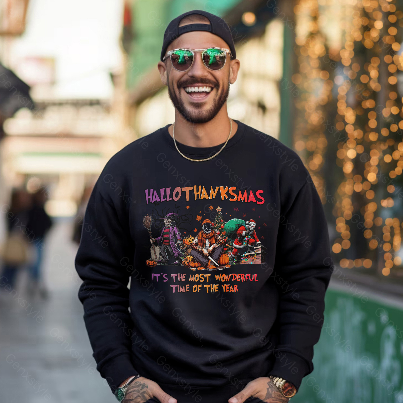 Happy Hallothanksmas Funny Christmas Horror Crewneck