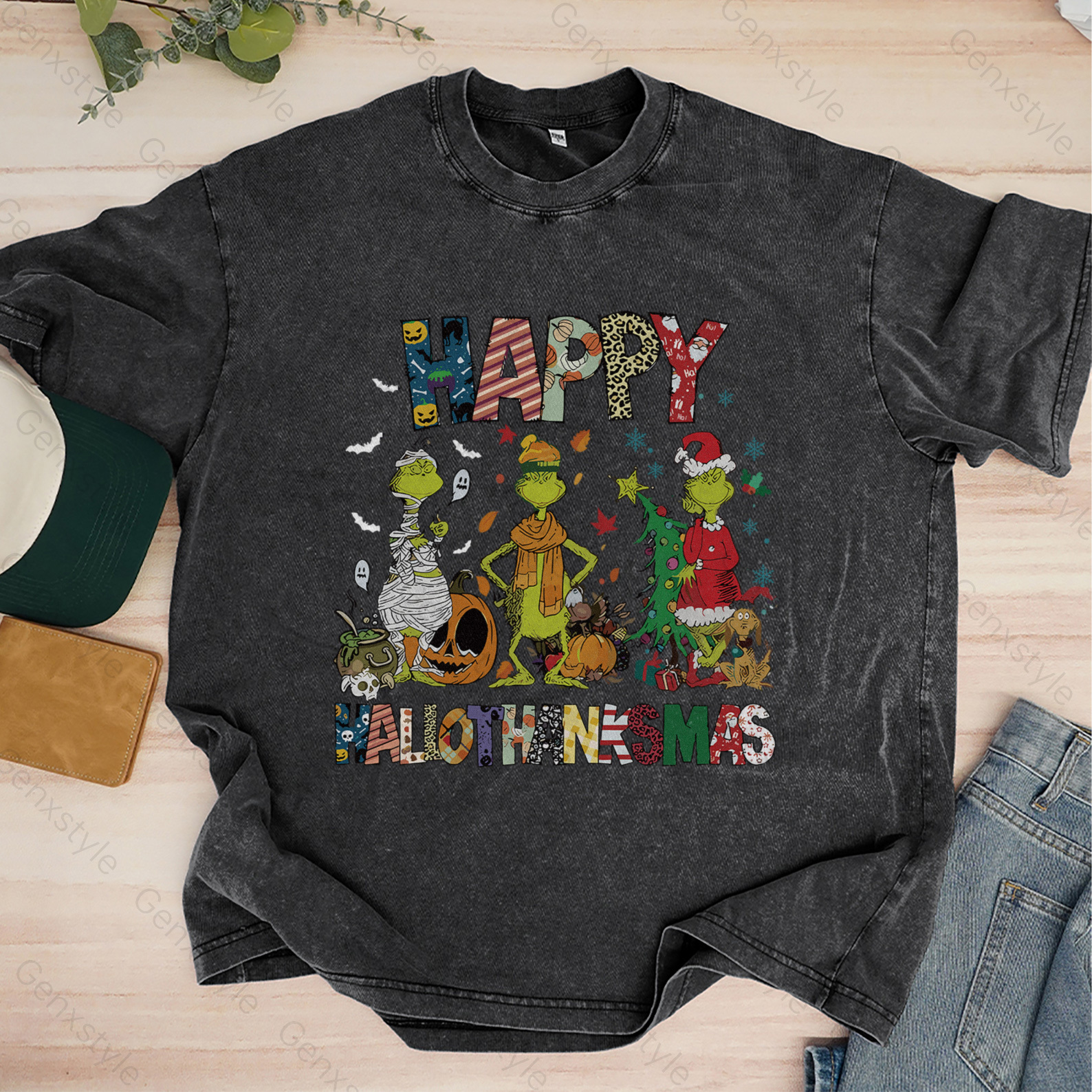 Washed Happy HalloThanksMas Grumbly Green T-shirt