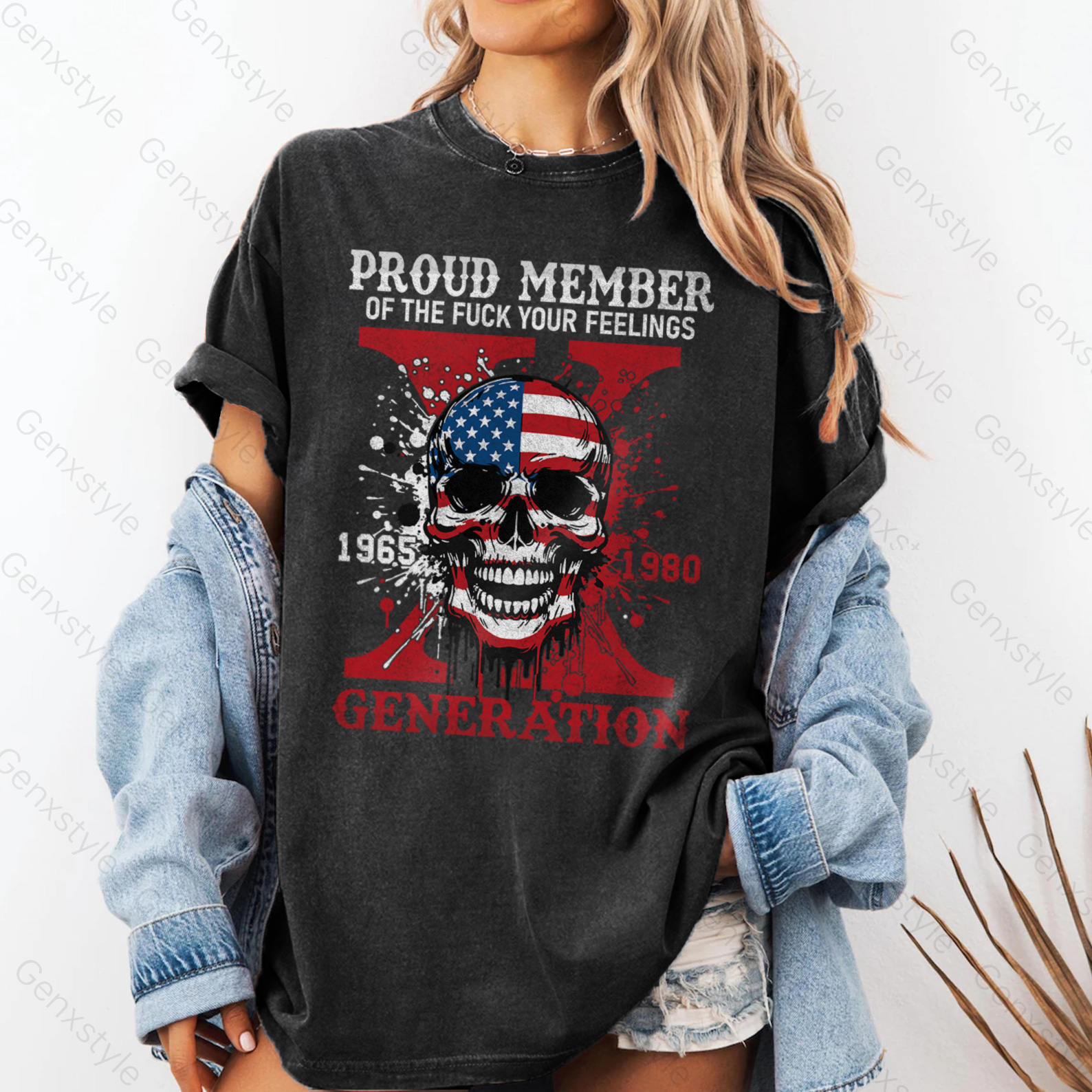 Washed Funny Skull Halloween Generation X T-shirt