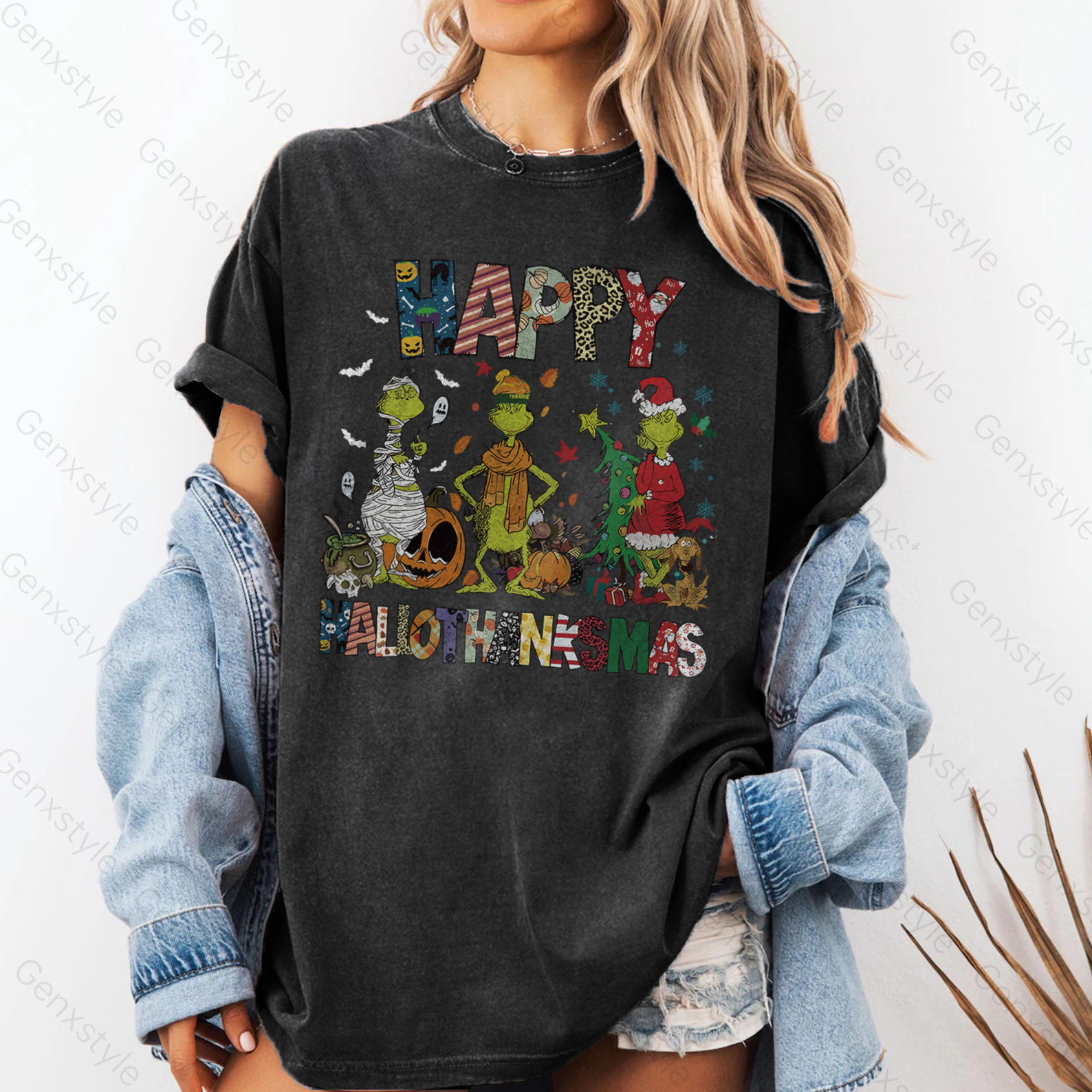 Washed Happy HalloThanksMas Grumbly Green T-shirt