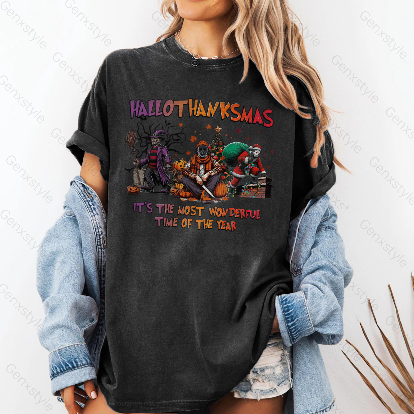 Washed Happy Hallothanksmas Funny Christmas Horror T-shirt