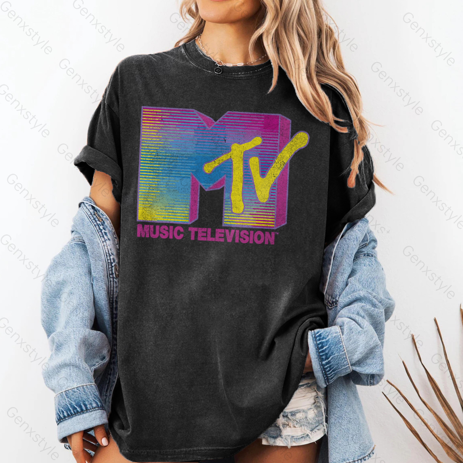 Washed MTV Distressed Fluorescent Gradient Logo T-shirt