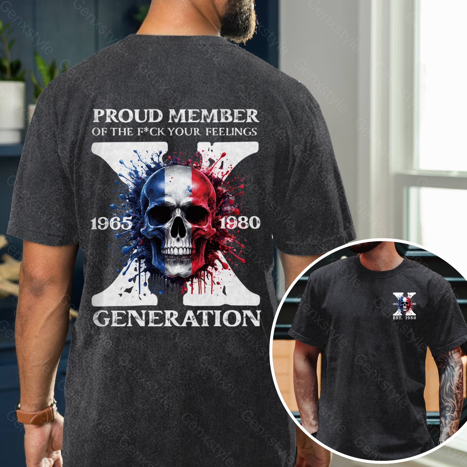 Washed France Funny Skull Generation X T-shirt