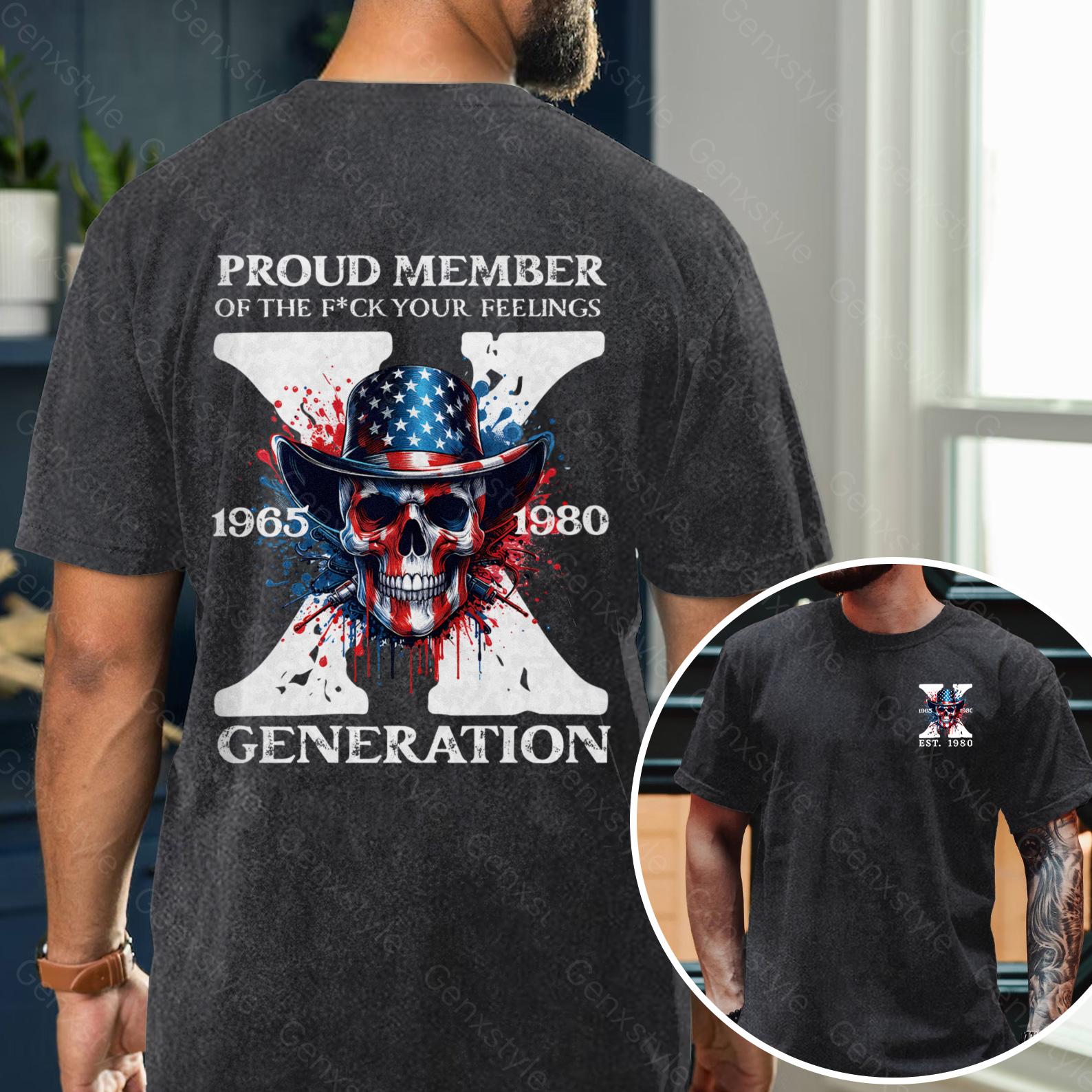 Washed America Funny Skull Generation X T-shirt