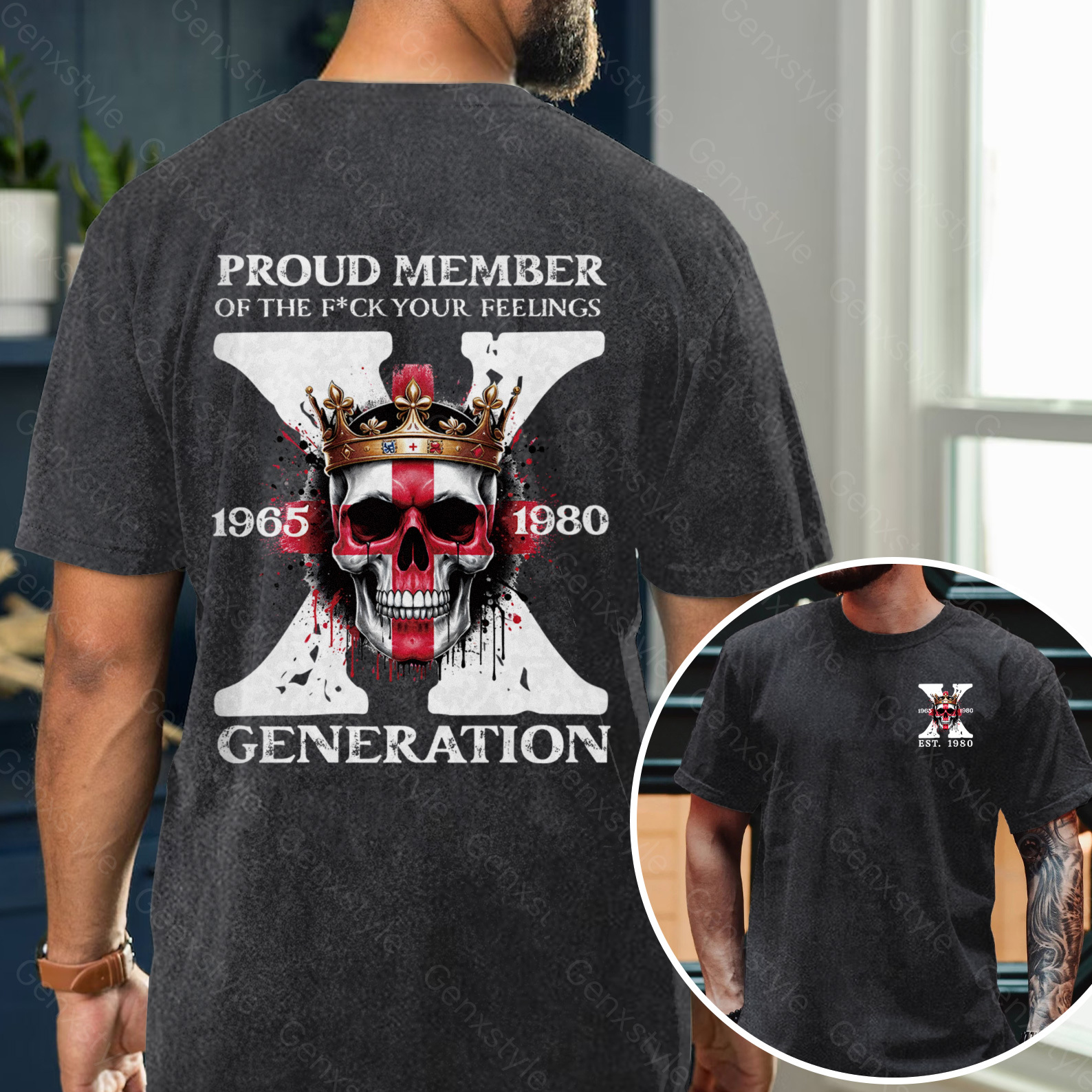 Washed Britain Funny Skull Generation X T-shirt