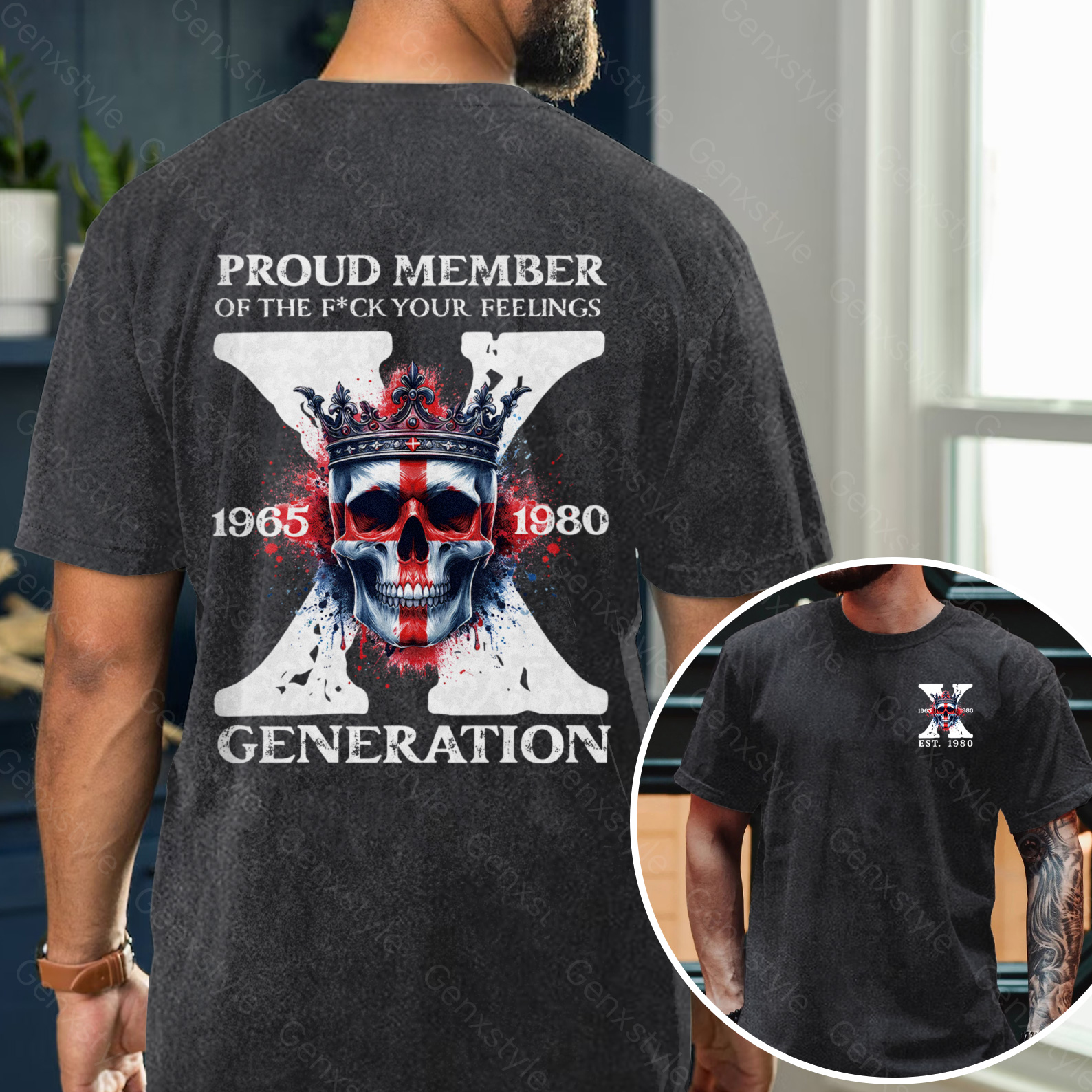 Washed Britain Funny Skull Generation X T-shirt