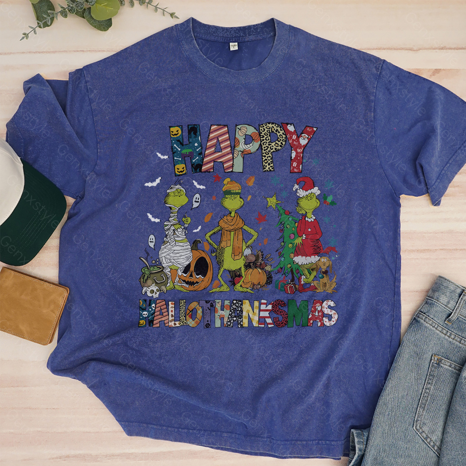 Washed Happy HalloThanksMas Grumbly Green T-shirt