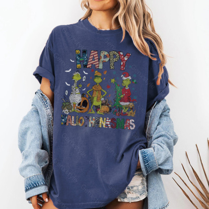 Washed Happy HalloThanksMas Grumbly Green T-shirt