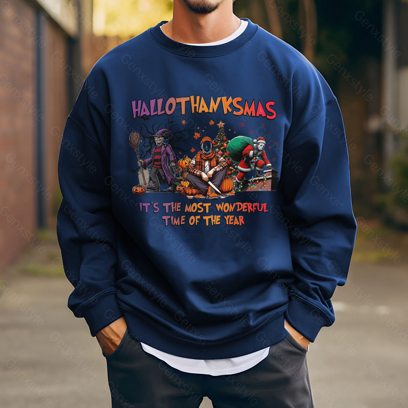 Happy Hallothanksmas Funny Christmas Horror Crewneck