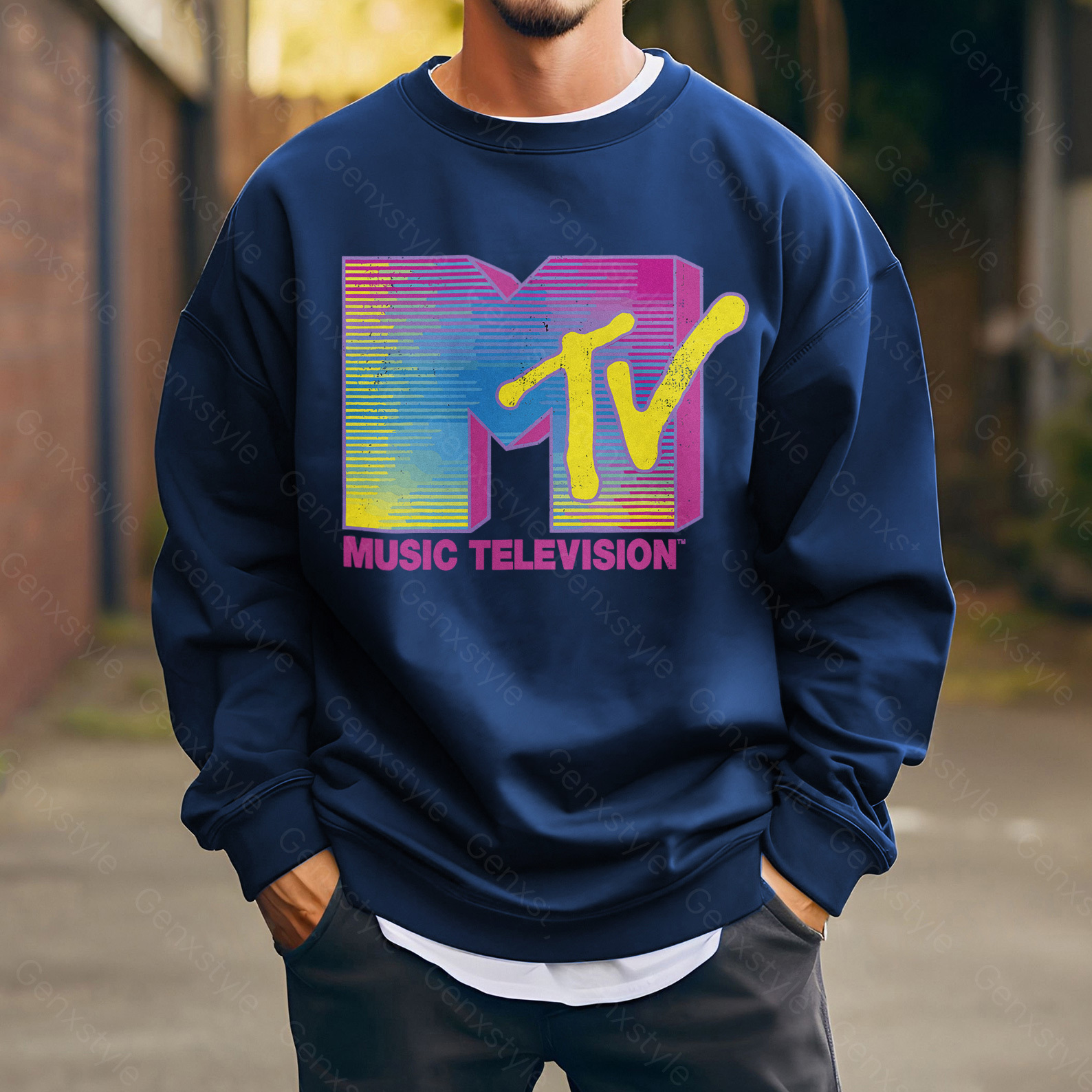 MTV Distressed Fluorescent Gradient Logo Crewneck