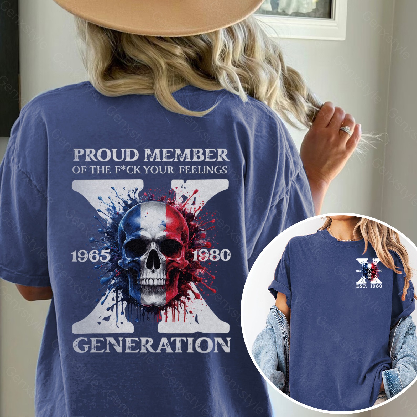 Washed France Funny Skull Generation X T-shirt