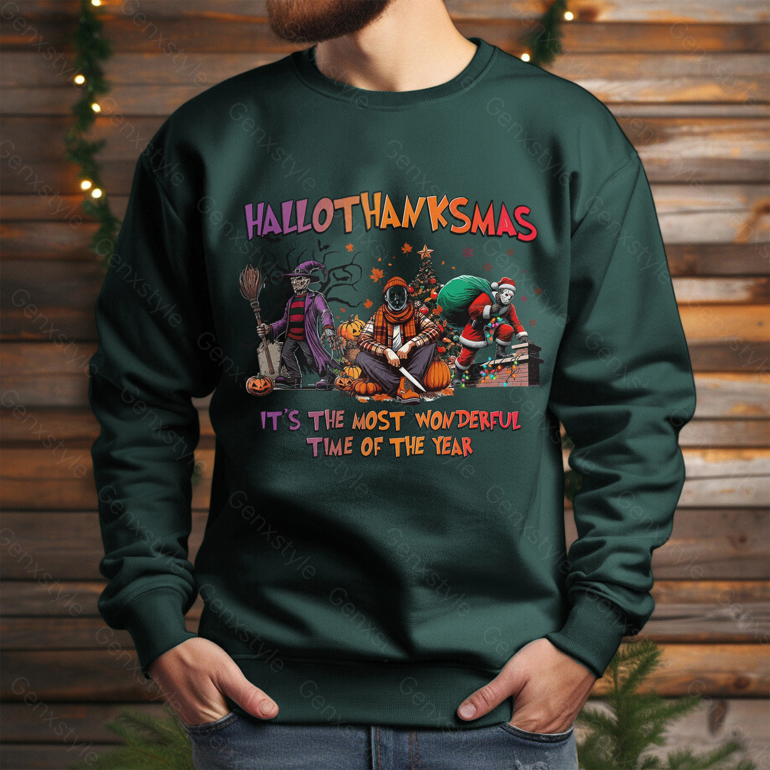 Happy Hallothanksmas Funny Christmas Horror Crewneck