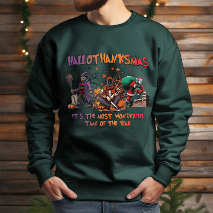 Happy Hallothanksmas Funny Christmas Horror Crewneck