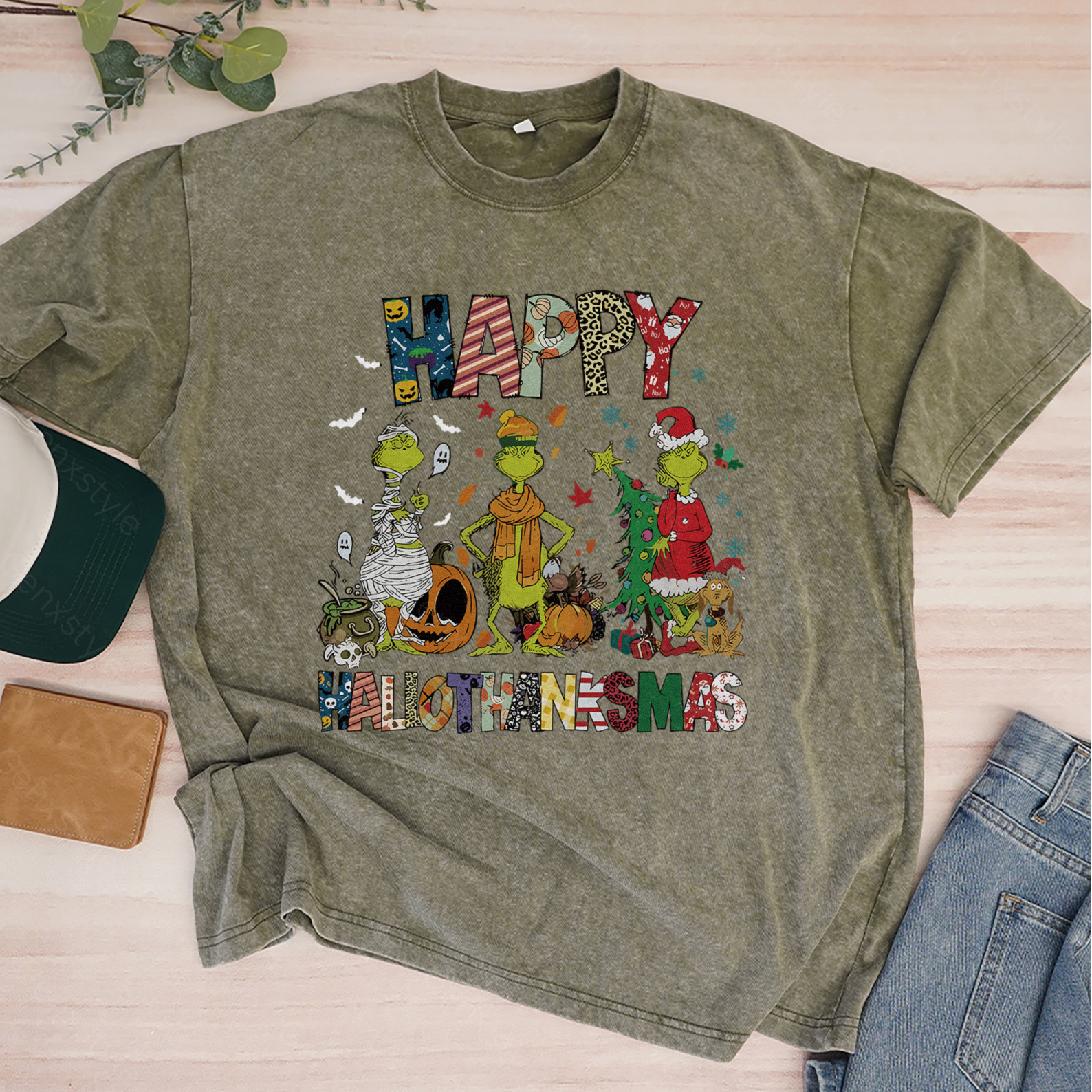 Washed Happy HalloThanksMas Grumbly Green T-shirt