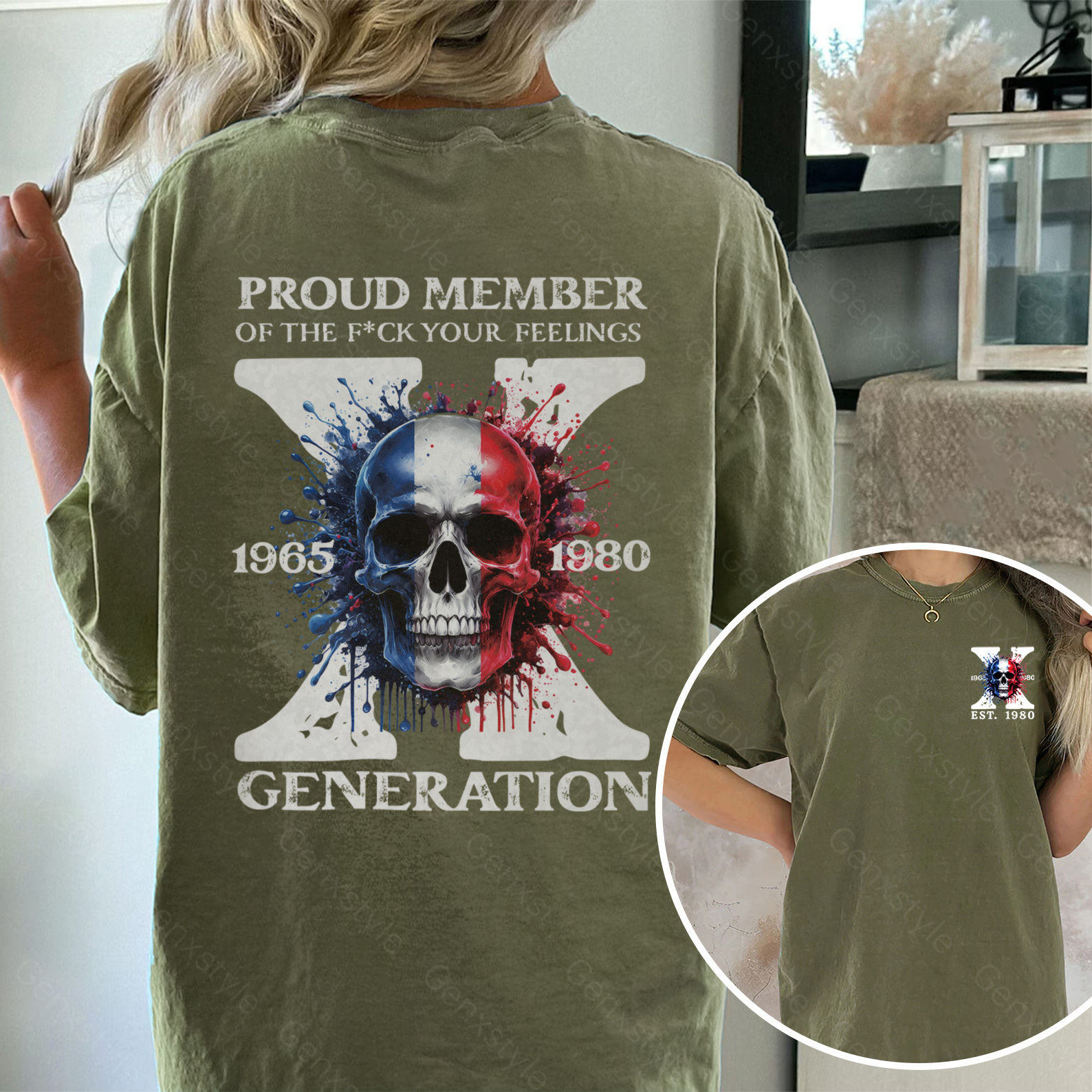 Washed France Funny Skull Generation X T-shirt